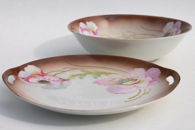 antique German porcelain tray handled plate & fruit bowl, hand painted pink poppies