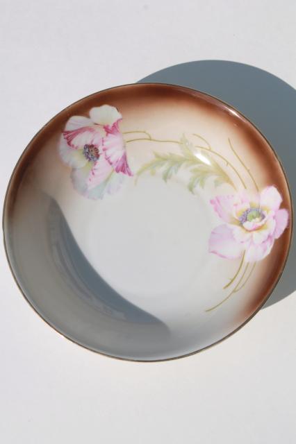antique German porcelain tray handled plate & fruit bowl, hand painted pink poppies