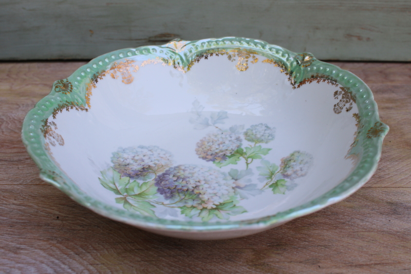antique Germany china bowl, snowball hydrangeas floral vintage mint green