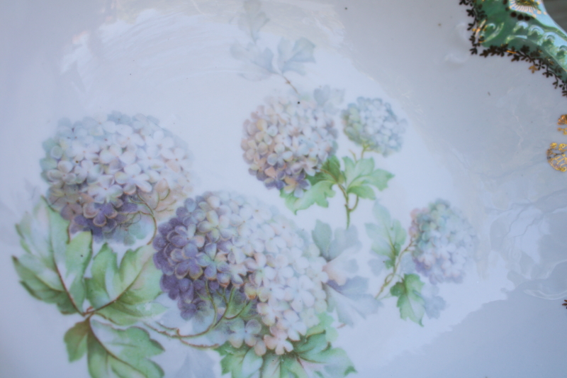 antique Germany china bowl, snowball hydrangeas floral vintage mint green