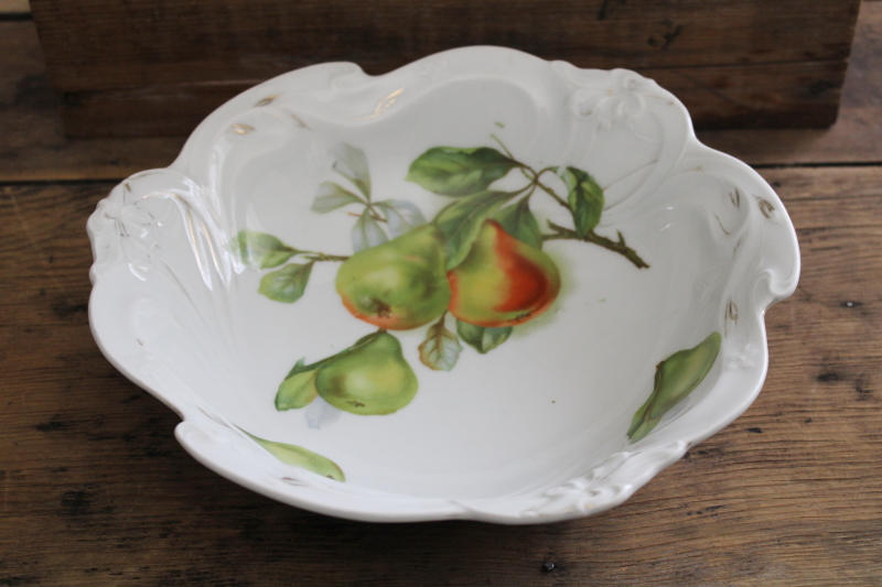 antique Germany china fruit bowl embossed floral w/ ripe pears, early 1900s