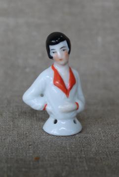 antique Germany china half doll figurine, 1920s vintage flapper girl for pincushion doll