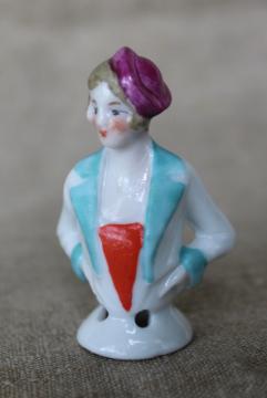 antique Germany china half doll figurine, vintage 1920s flapper in cloche hat, pincushion doll