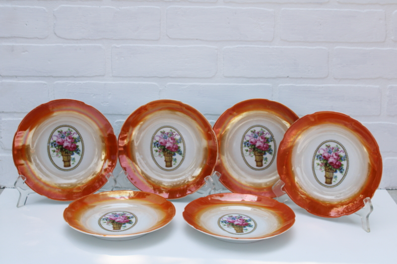 antique Germany china plates, orange luster w/ flower basket 1920s vintage salad or luncheon plates