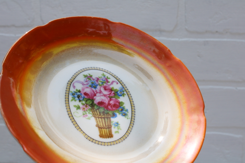 antique Germany china plates, orange luster w/ flower basket 1920s vintage salad or luncheon plates