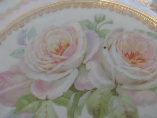 antique Germany china serving plate w/ handles, cabbage roses and luster