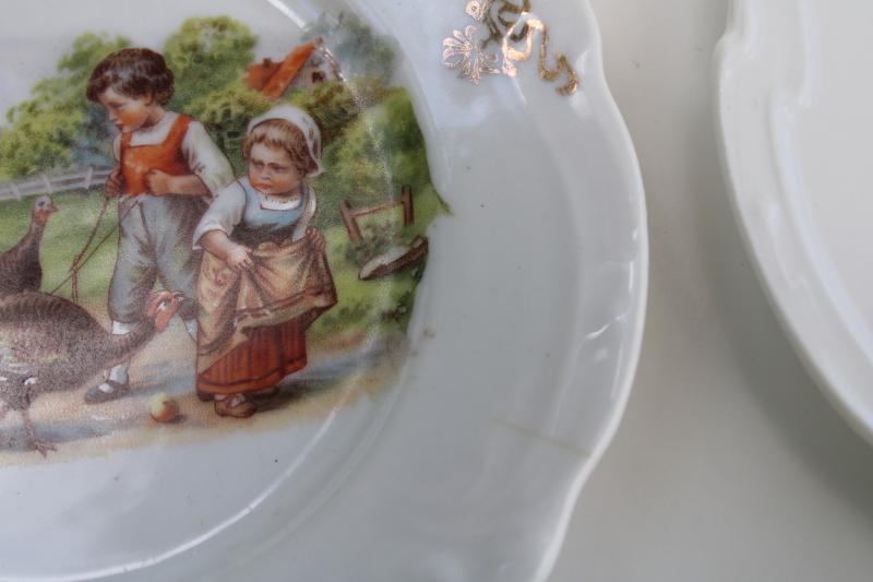 antique Germany doll dishes for tea set, tiny china plates, children w/ turkeys