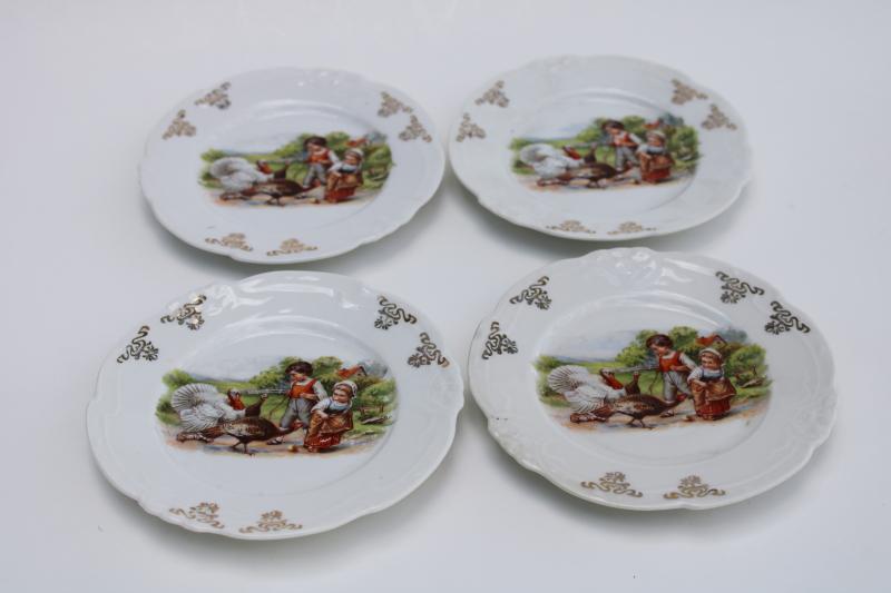 antique Germany doll dishes for tea set, tiny china plates, children w/ turkeys