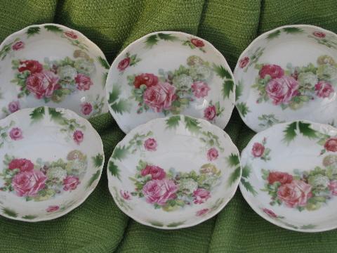 antique Germany porcelain fruit bowls, roses and hydrangeas floral china