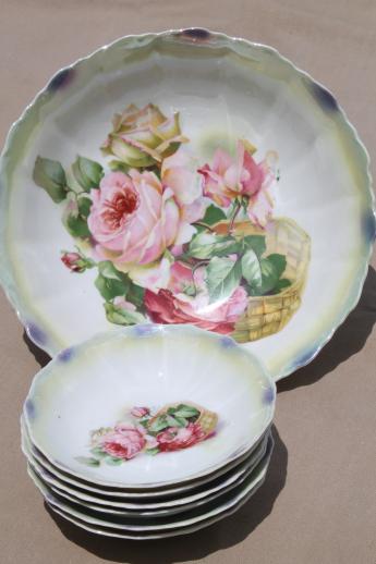 antique Germany rose basket flowered china berry bowls set, early 1900s vintage