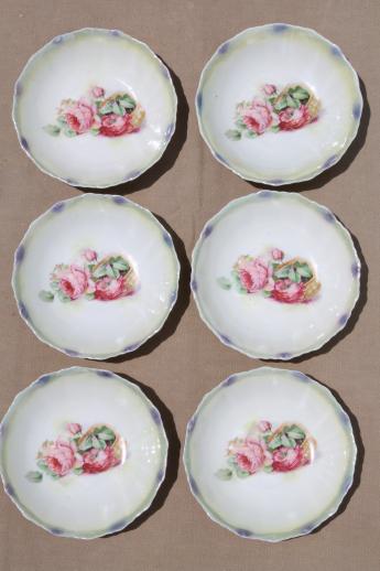 antique Germany rose basket flowered china berry bowls set, early 1900s vintage