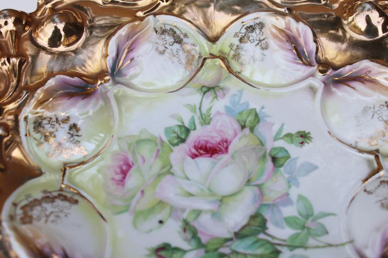 antique Germany roses china bowl, RS Prussia style blown out cherries w/ encrusted gold