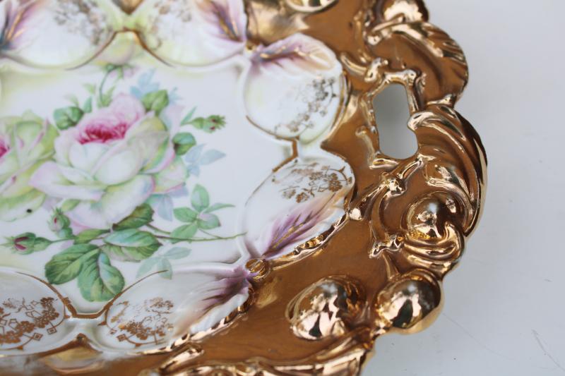 antique Germany roses china bowl, RS Prussia style blown out cherries w/ encrusted gold