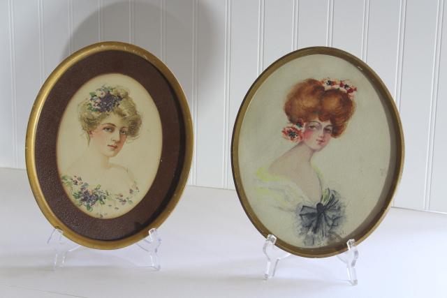 antique Gibson girl style lady portrait prints in period vintage oval frames