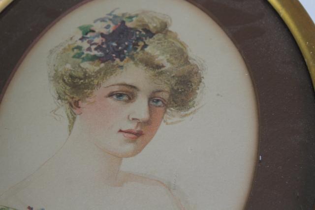 antique Gibson girl style lady portrait prints in period vintage oval frames