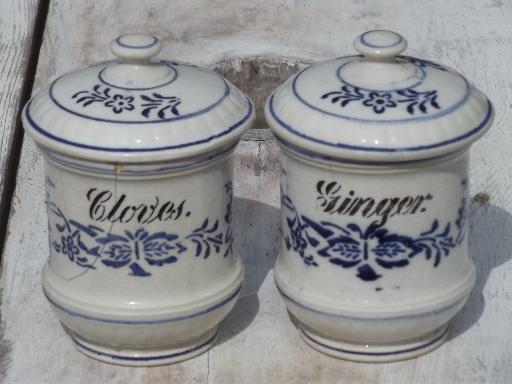 antique Ginger and Cloves spice jar canisters, blue and white Germany china