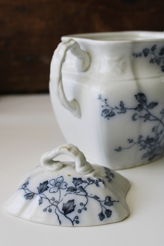 antique Grindley England ironstone china biscuit jar, dark blue transferware Rustic floral
