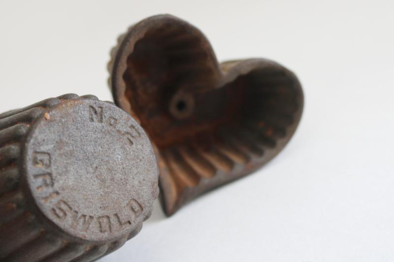 antique Griswold cast iron patty molds, heart & cup shaped shell w/ no rosette iron