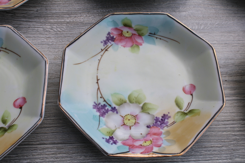 antique Hand Painted Nippon porcelain plates or fruit dishes w/ flowers, vintage china set