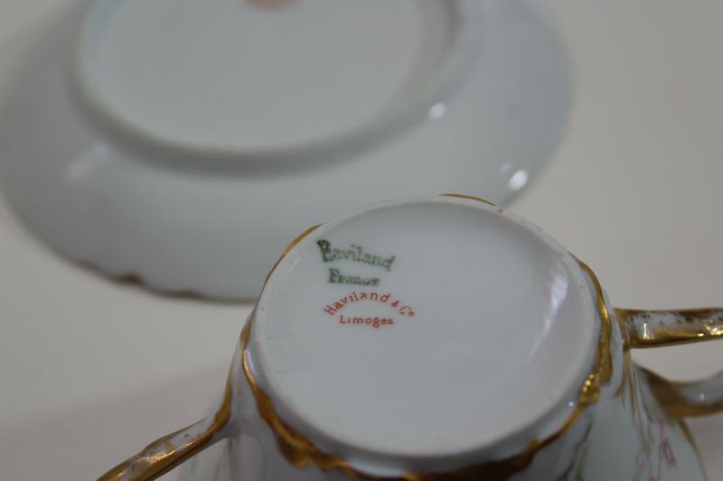 antique Haviland Limoges boullion cups, double handled cup & saucer pink flowers