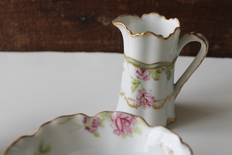 antique Haviland cream pitcher  open sugar bowl pink rose green ribbon H  Co L France mark