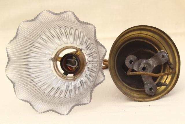 antique Holophane shade pendant light w/ early electric socket, all original vintage lighting