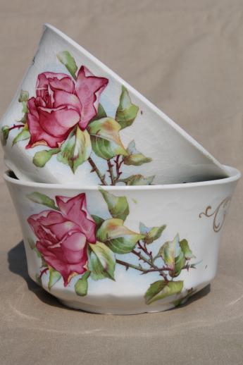 antique Homer Laughlin china cranberry bowls w/ large pink tea rose