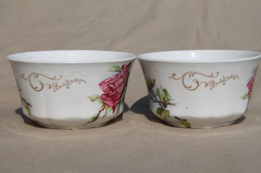 antique Homer Laughlin china cranberry bowls w/ large pink tea rose