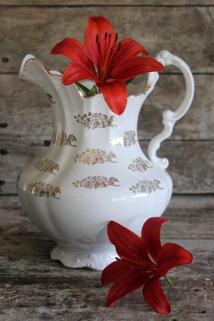 antique Homer Laughlin china wash pitcher, large water jug w/ hand painted gold