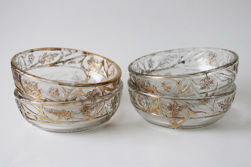 antique Indiana glass 151 berry bowls gold flowers leaves, early 1900s
