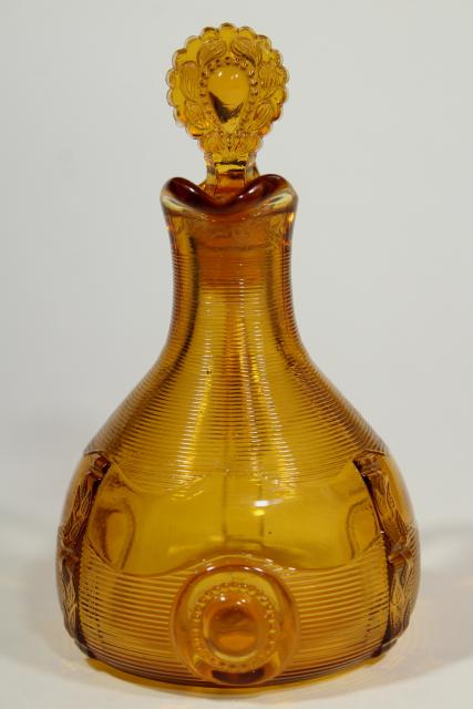 antique Indiana glass flower flange cruet w/ original stopper, vintage amber glassware