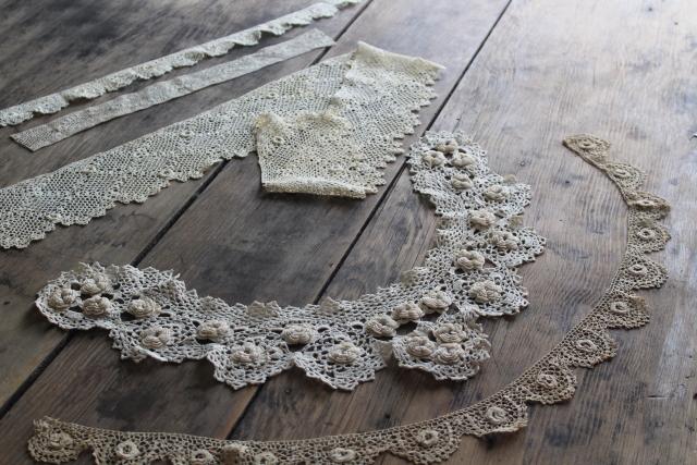antique Irish crochet lace sewing trims, dress collars & lace edgings early 1900s vintage