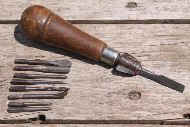 antique JS Fray & Co multi tool handle screwdriver  w/ 9 bits, gimlet, awl