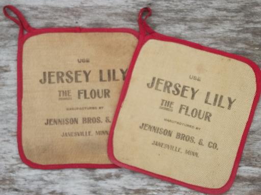 antique Jersey Lily flour advertising, vintage red & white cotton potholders