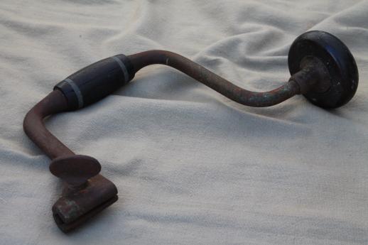 antique John S Fray bit brace drill w/ rosewood handle, late 1800s vintage hand tool