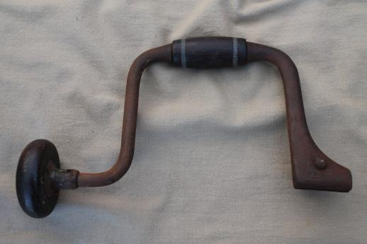antique John S Fray bit brace drill w/ rosewood handle, late 1800s vintage hand tool