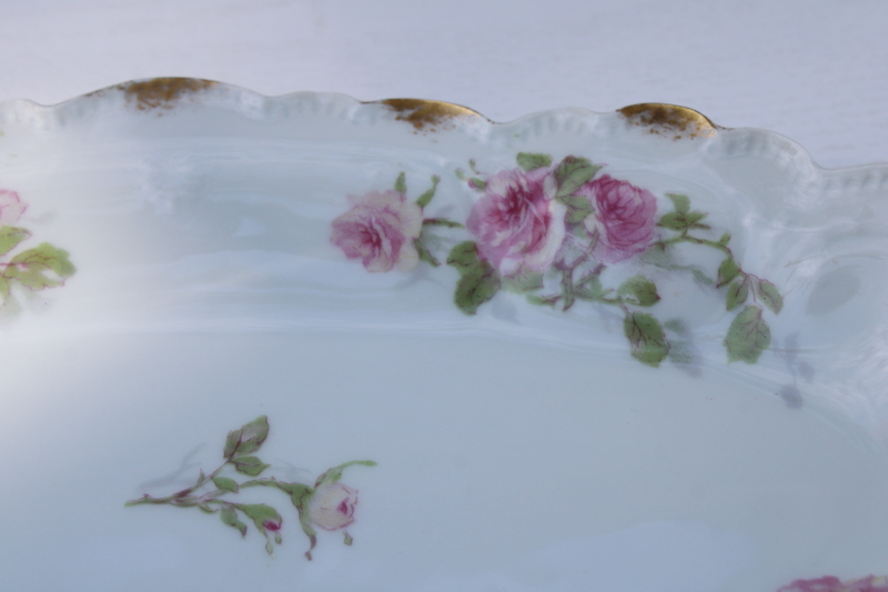 antique Limoges France china, long oval dish or tray pink roses floral w/ gold daubs Charles Field Haviland