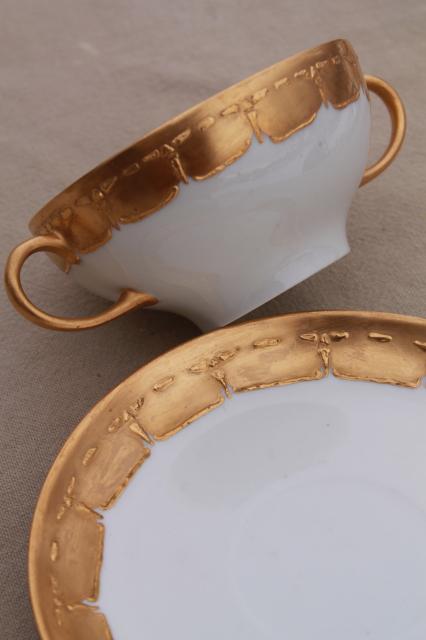 antique Limoges china boullion cups or cream soup bowls w/ encrusted gold, vintage 1913