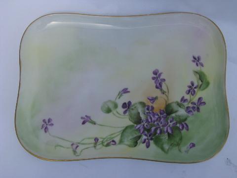 antique Limoges china vanity perfume tray, hand-painted violets, dated 1909