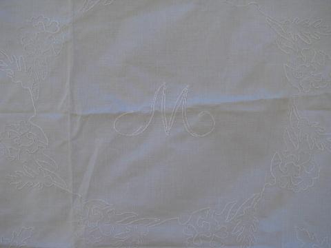 antique M monogram letter embroidered cotton cloth, couched thread vintage embroidery