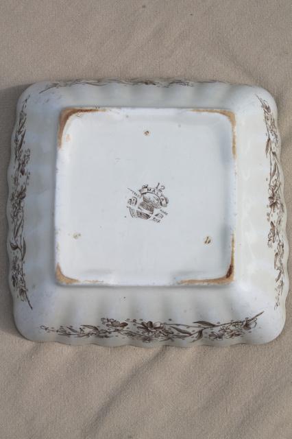 antique Malta brown transferware ironstone china square bowl serving dish, Grindley Staffordshire England