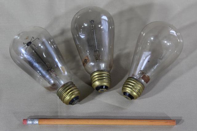 antique Mazda light bulbs, hand blown w/ brass Edison bases, cage All Bulbs Blown At Same Time