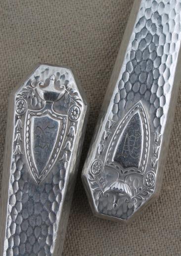 antique N monogram hammered silver knives, early 1900s vintage silver plate flatware