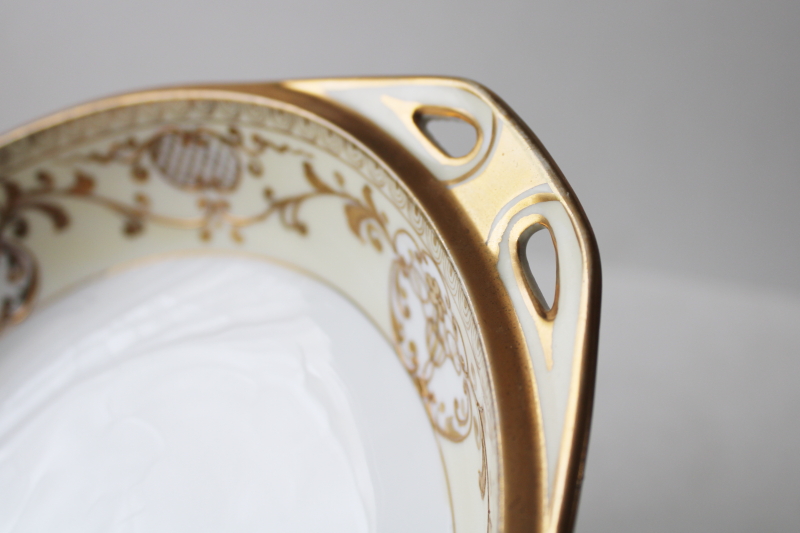 antique Noritake Japan green M mark hand painted china bowl, Nippon moriage gold encrusted 