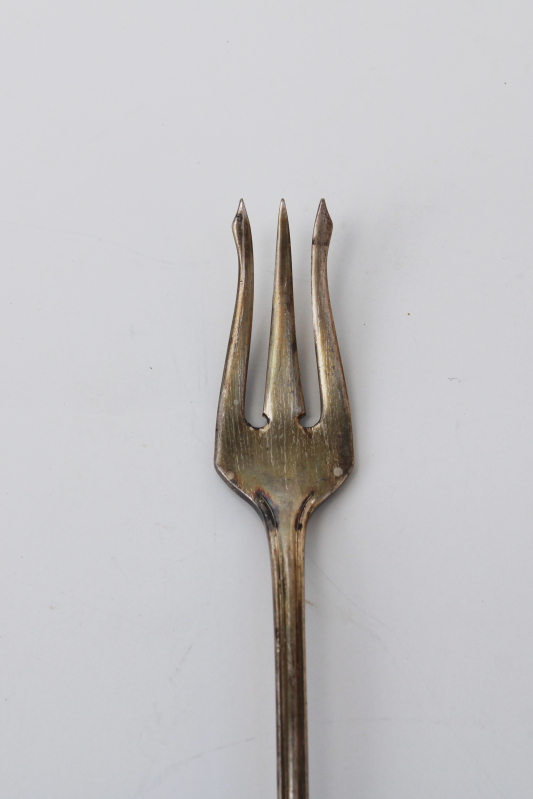 antique Oneida Louis XVI silver plate, long handled trident shape fork, olive or pickle fork