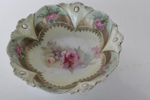 antique RS Prussia hand painted china berry bowl, ribbon & jewel mold, roses and gold