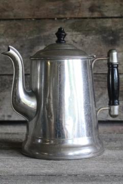 antique Rochester tinned steel coffee pot w/ wood handle, turn of the century vintage