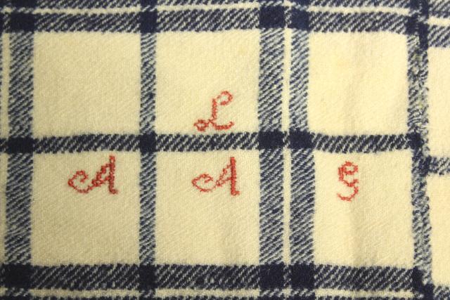 antique Shaker blanket, handwoven homespun  wool blue & white check w/ red monogram embroidery