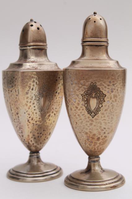 antique Sheffield silver plate salt & pepper shakers, art nouveau hammered finish silver over copper
