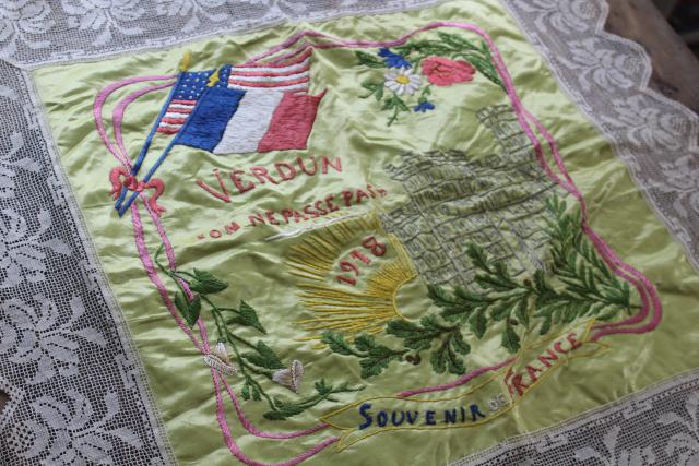 antique Souvenir of France French lace hand embroidered cushion cover WWI vintage